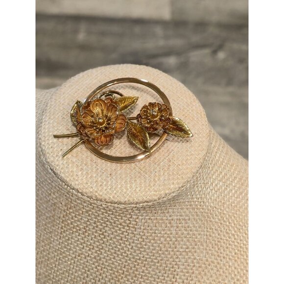 Vintage Krementz Gold plated Floral Brooch Pin signed designer Jewelry - Picture 5 of 6